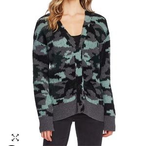 Vince Camuto Fuzzy Eyelash Camo Camouflage Button Cardigan Sweater